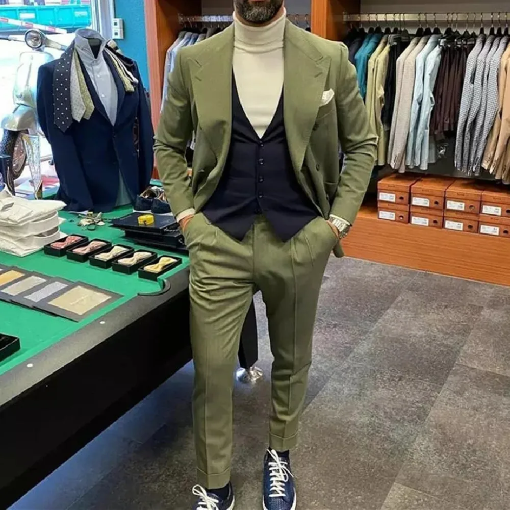 

2023 Costume Green Peak Lapel Men Suits Wedding Groom Tuxedo Slim Fit Terno Masculino Prom Party Blazer 3 Pcs Jacket+Pant+Vest