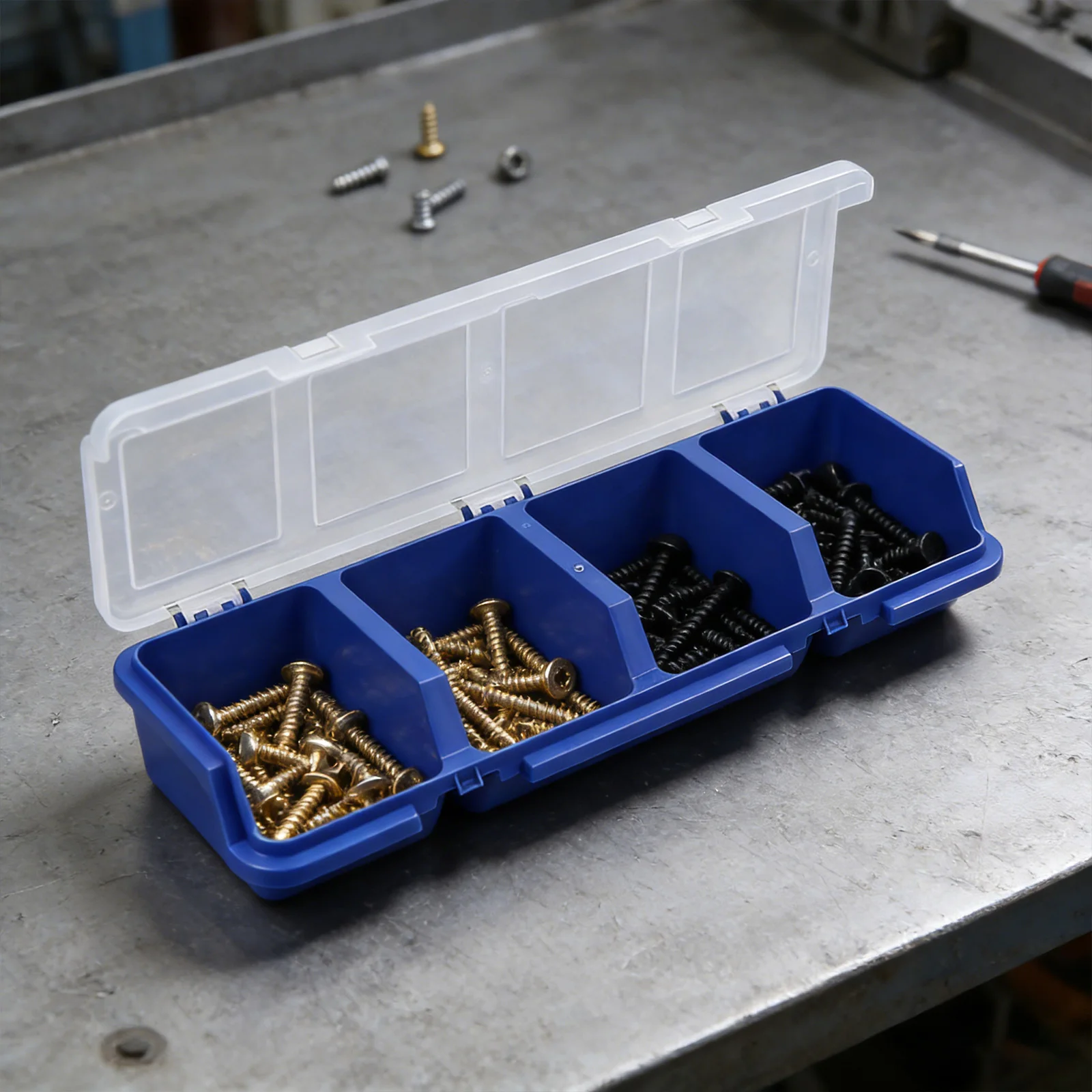 4칸 플라스틱 하드웨어 및 보석류 보관함, 나사 및 소형 부품용 경사 뚜껑이 있는 부품 보관함