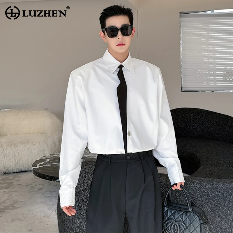 

LUZHEN 2024 Spring New Fashion Elegant Color Contrast Necktie Decorate Loose Shirts Men's Shoulder Pad Long Sleeve Tops LZ1120