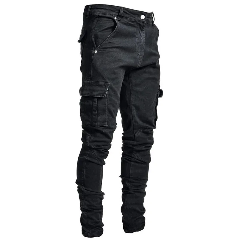 New Autumn Winter Men's Jeans Solid Color Multi Pockets Cargo Denim Pants Fashion Slim Casual Trousers Streetwear Jeans fo Men