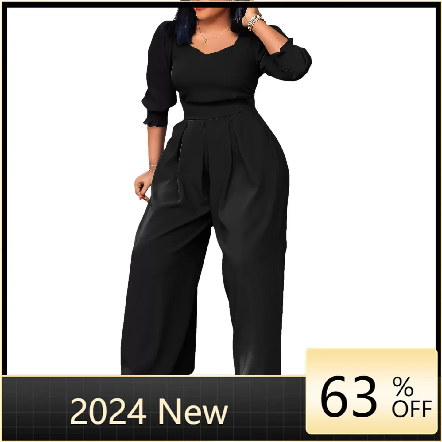 Jumpsuits for Women 2024 Elegant Women V Neck Three Quarter Sleeves Tunic Wide Leg Ankle-Length Commute Chic Evening Clothing lorie short evening dresses 2022 vestidos de fiesta off sleeves v neck ankle length arabic dubai formal gowns evening gowns