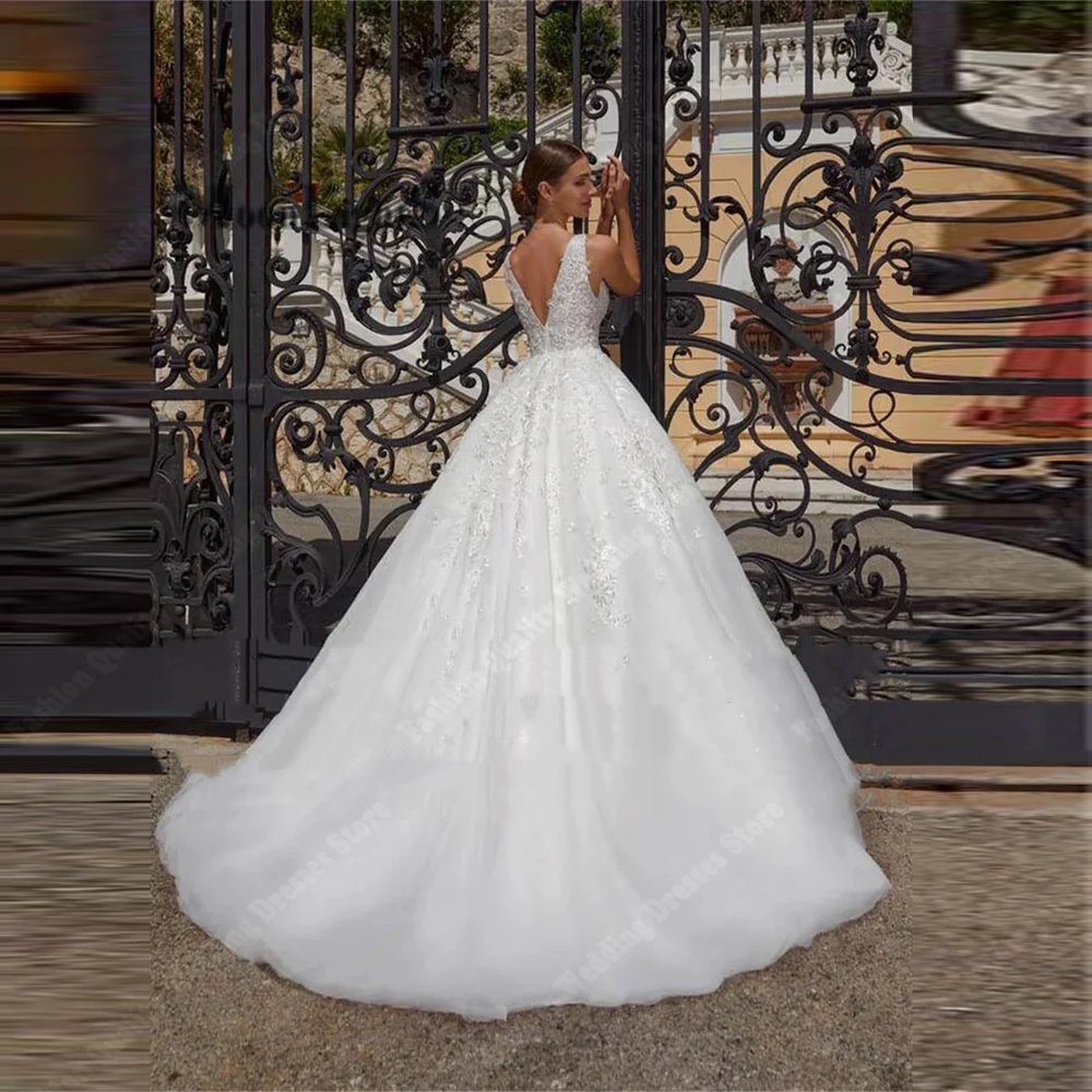 Elegant V-Neck Wedding Dresses Princess A-Line Shine Tulle Bride Robes Beach Party Fluffy Skirt Hem Vestido De Novia Customized 4