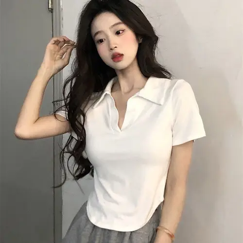 옷깃 반팔 티셔츠 여성 새로운 틈새 세련된 순수한 욕망 짧은 최고 Gyaru in 패션 2