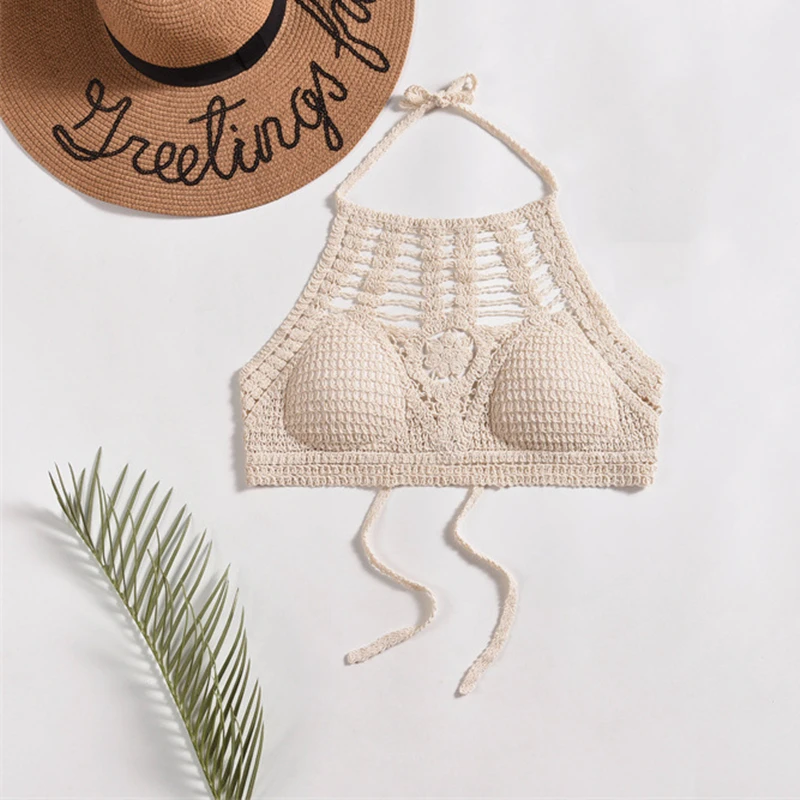 Boho Sexy Beach Camisole Halter Holiday Women Crochet Knit Swimsuit Padded Bra Tube Top Backless Vest Hollow Tassel Tank Crop