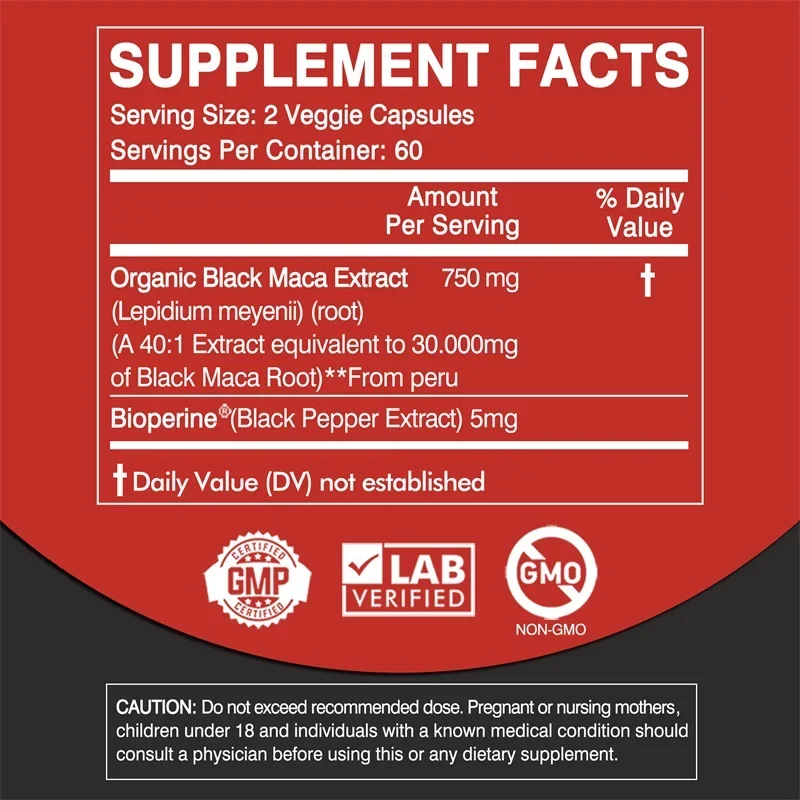 Black Maka Root Capsules Men Energy Endurance and Vitality Booster Builds Muscle Strength and Drive