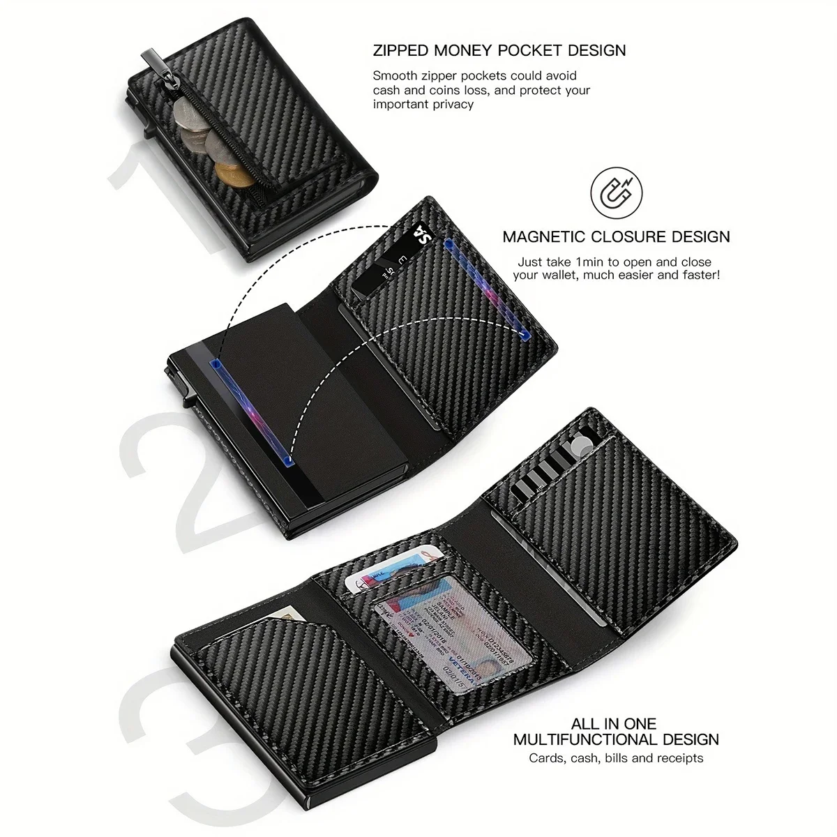 Men's Luxury RFID Carbon Fiber Magnetic Wallet with Zipper and Pop-Up Cardholder