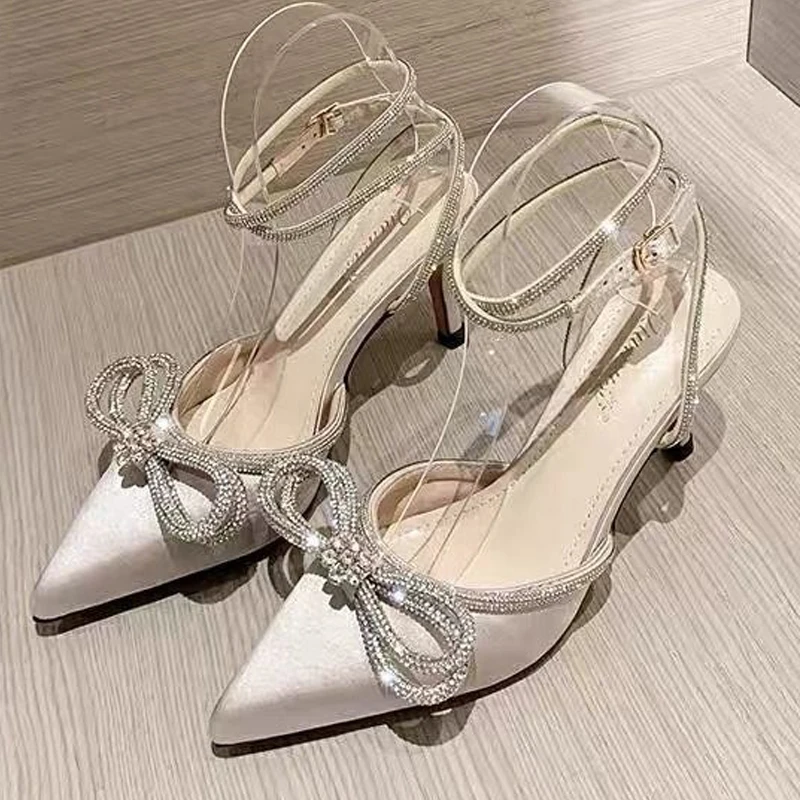 Women's Pointed-toe Bowknot Rhinestone High Silk Back Heels