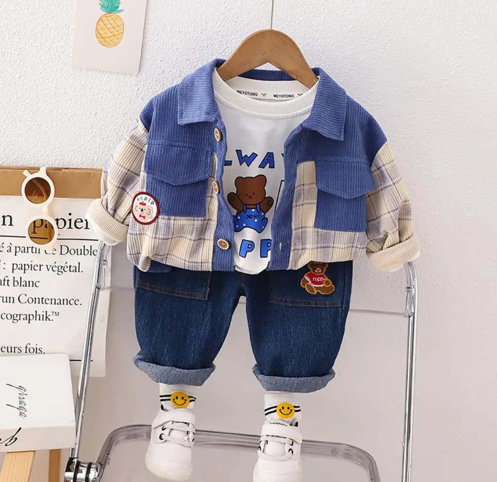 

Designer Baby Boy Clothes Fall Fashion Kids Patchwork Corduroy Single-breasted Coat+Shirts+Pants 2Pcs Boutique Christmas Sets