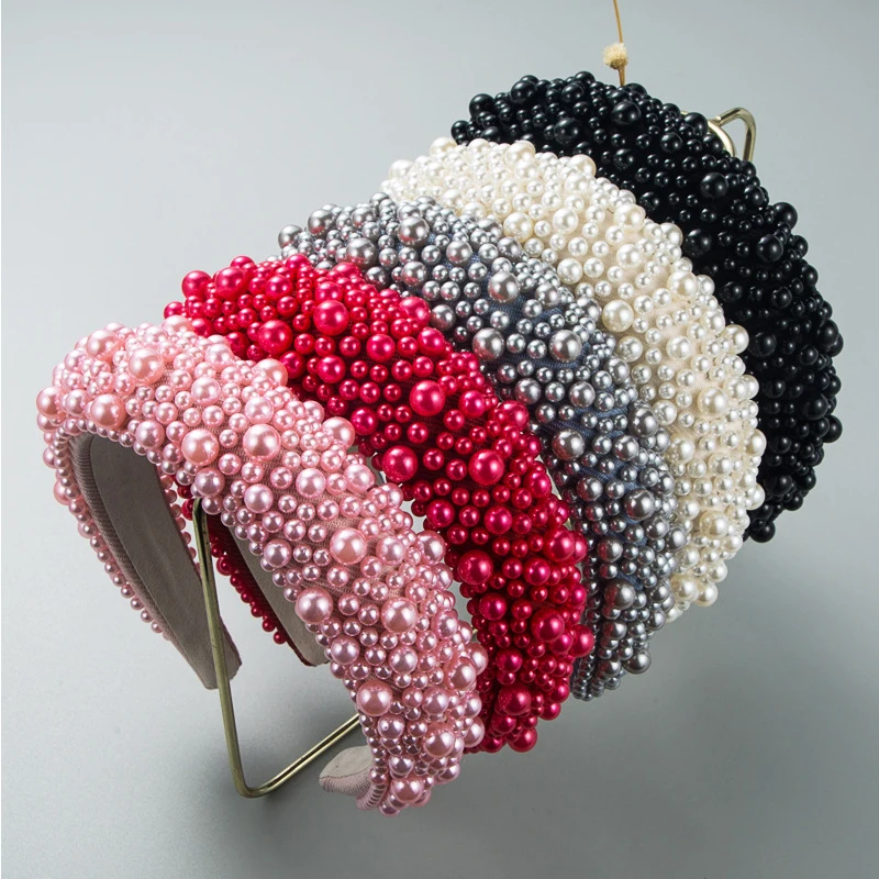 

Vintage Full Pearls Sponge Head Hoop Baroque Hair Accessories White Black Pearl Headband Shining Wide Hairband Fashion Headwear