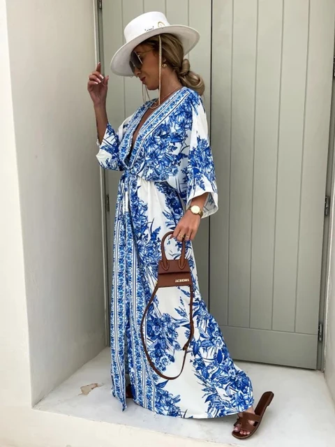 Skal Revolutionerende interpersonel Bohemian Print Long Dress Tunic Plus Size Drawstring Long Kimono Women  Party Holiday Beach Wear Swim Suit Maxi Dresses A1632 - Dresses - AliExpress