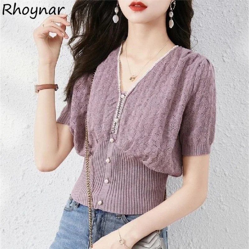 

Knitted T-shirts Women Elegant Office Lady Summer V-neck Aesthetic Puff Sleeve Temper Tees Soft French Style Design Retro Tops