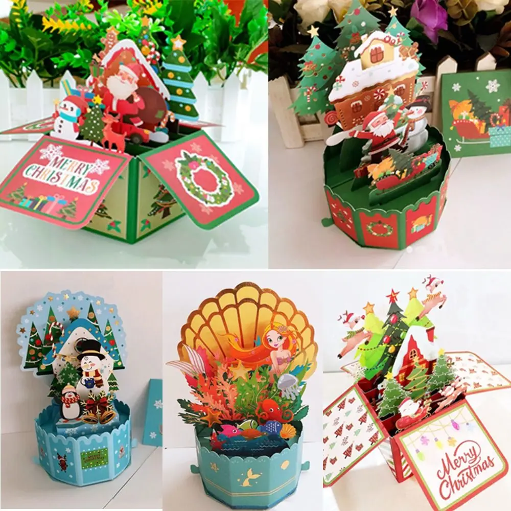 3D Pop Up Greeting Cards Merry Christmas Cards New Year Greeting Blessing Postcard Swan Mermaid Thank You Decor Gift greeting cards