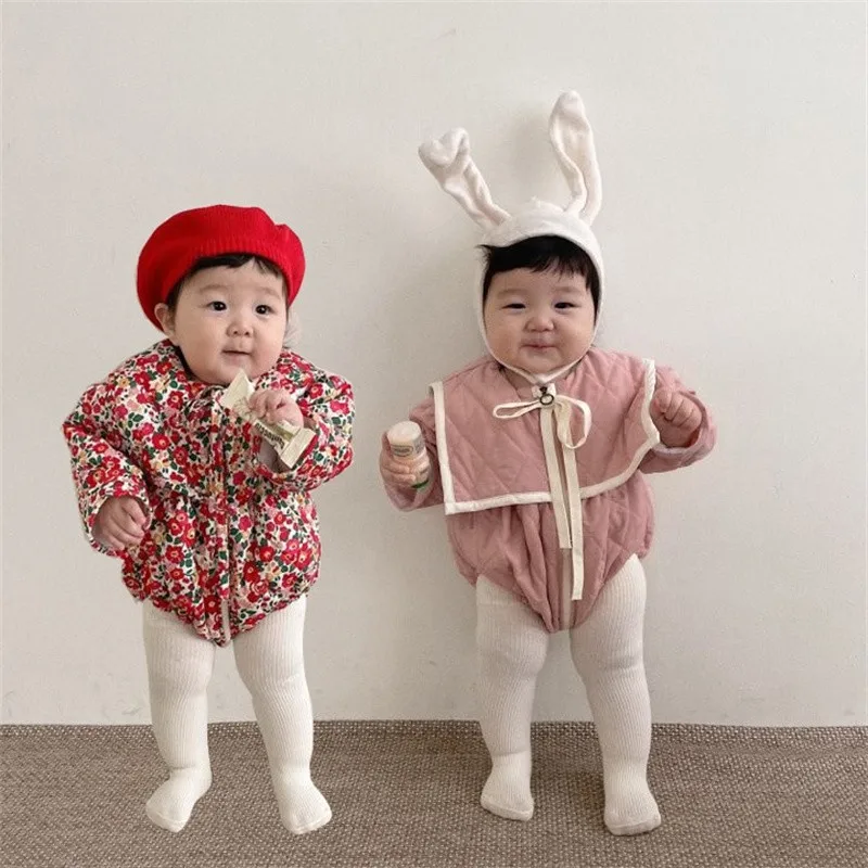 

MiniAinis Winter Baby Thickening Quilted Romper Girls Large Lapel Bodysuit Girl Long Sleeve Cotton Flower Jumpsuit Clothes