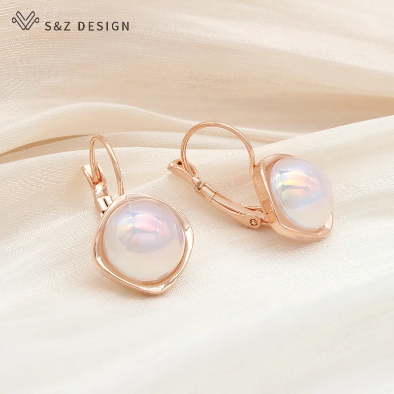 S&Z DESIGN New Trendy Luxury Round Crystal Simulated-pearl Dangle Earrings For Women Elegant 585 Rose Gold Color Jewelry