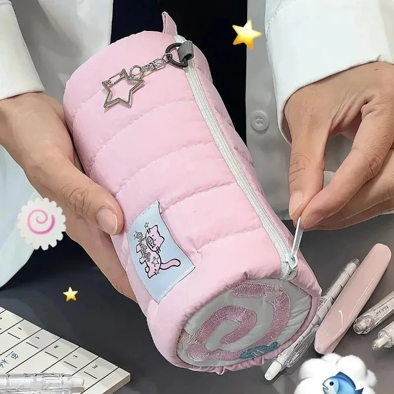 Kawaii Pink Roll-Up Pencil Case & Cosmetic Pouch with Cartoon Design