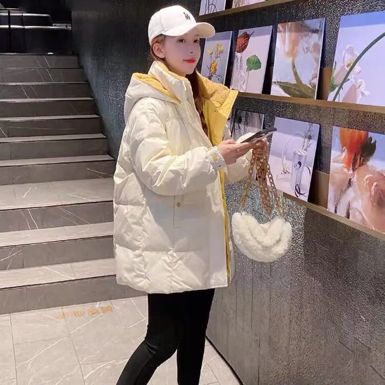 

Women 2023 New Down Cotton Suit Mid Length Thickened Fashion Breadfear Loose Fashion Lamb Wool Warm Coat Pure Color Zipper