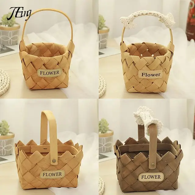 Fa Chip Kézi Szőtt Kosárvirágok Kosár Fonott Kosarak Dekoratív Gyümölcs Snack Kenyér Zöldség Szervezéshez - Image 5