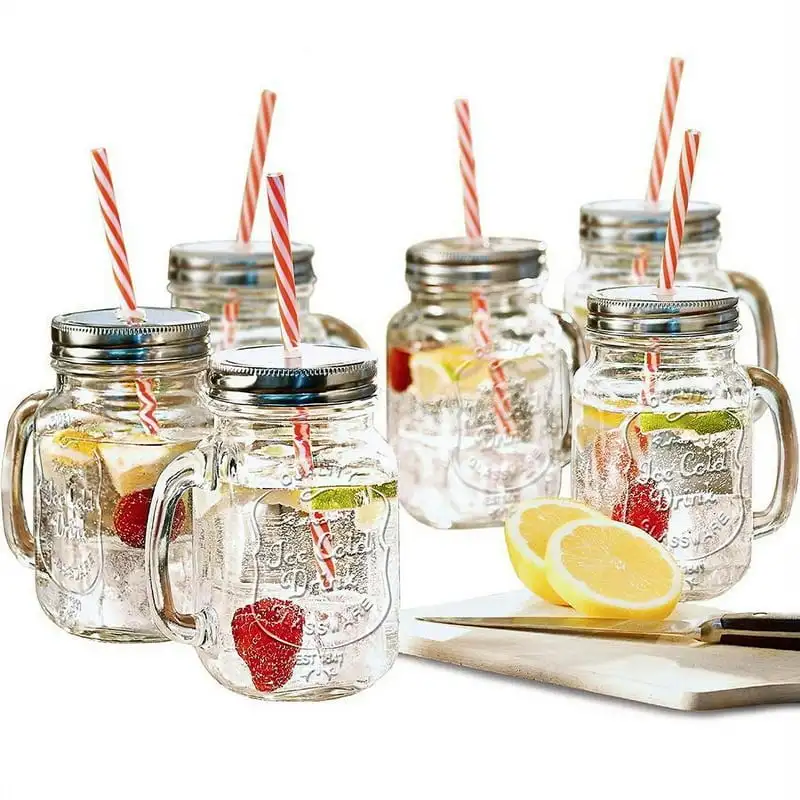 

Jar with Handle and Straw | Set of 6 | 16 oz Jars Food storage containers Kitchen organizer Small container Squeeze bottle Conta