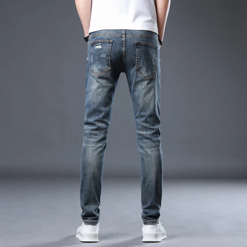 Jeans skinny rasgado masculino, azul escuro, streetwear,