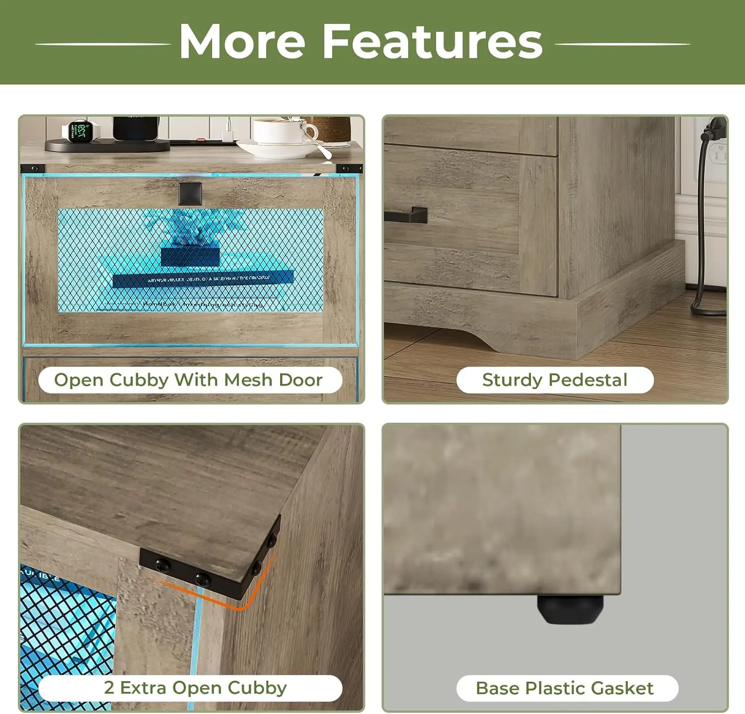 Rustic Oak Farmhouse Nightstand Set of 2 with LED Lights, Charging Station & Cubby Bedroom Furniture Storage Organizer