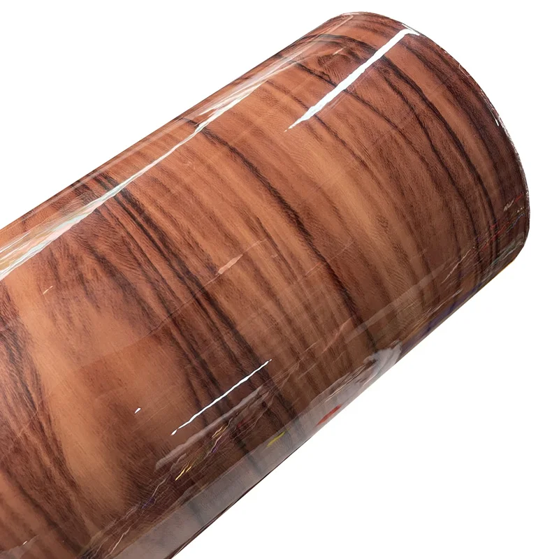 High Gloss Wood Grain Textured Vinyl Wrap with Air-Release Adhesive for DIY Home and Office Furniture Decor