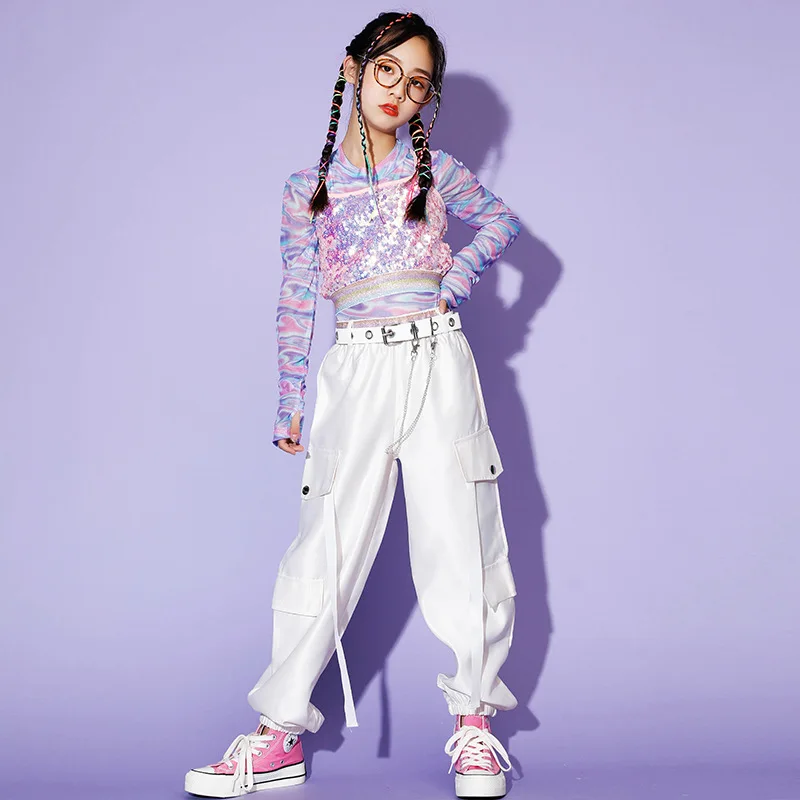 여아용 핑크 크롭탑 스팽글 캐미솔, 힙합 스웻셔츠, 조거 의류 세트, 키즈 스트리트 댄스 바지 착용, 어린이 무대 의상