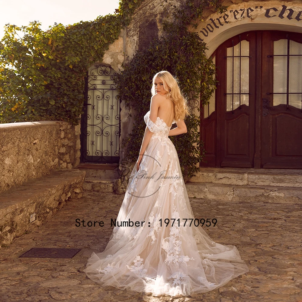 

Fashion Spaghetti Straps Wedding Gowns Backless V-Neck Applique Lace A-Line Tulle A Line Civil Bride Dresses Vestido Novia 2024