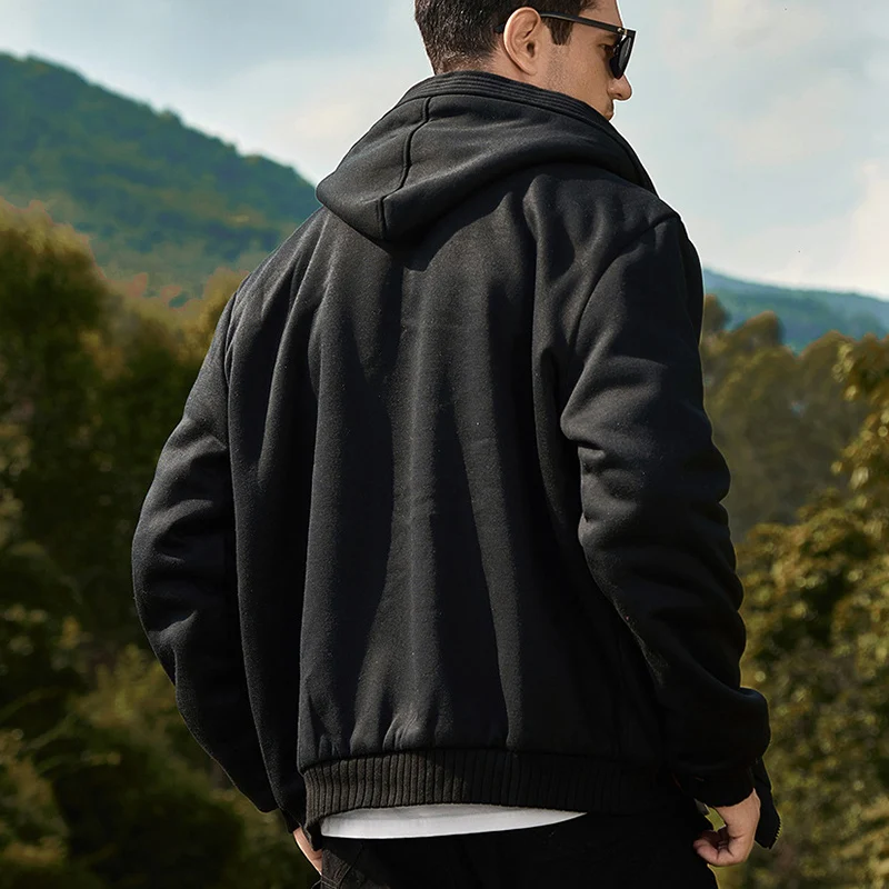 Black Long Zip Up Hoodie Mens Winter Warm Sherpa Lined Coat For