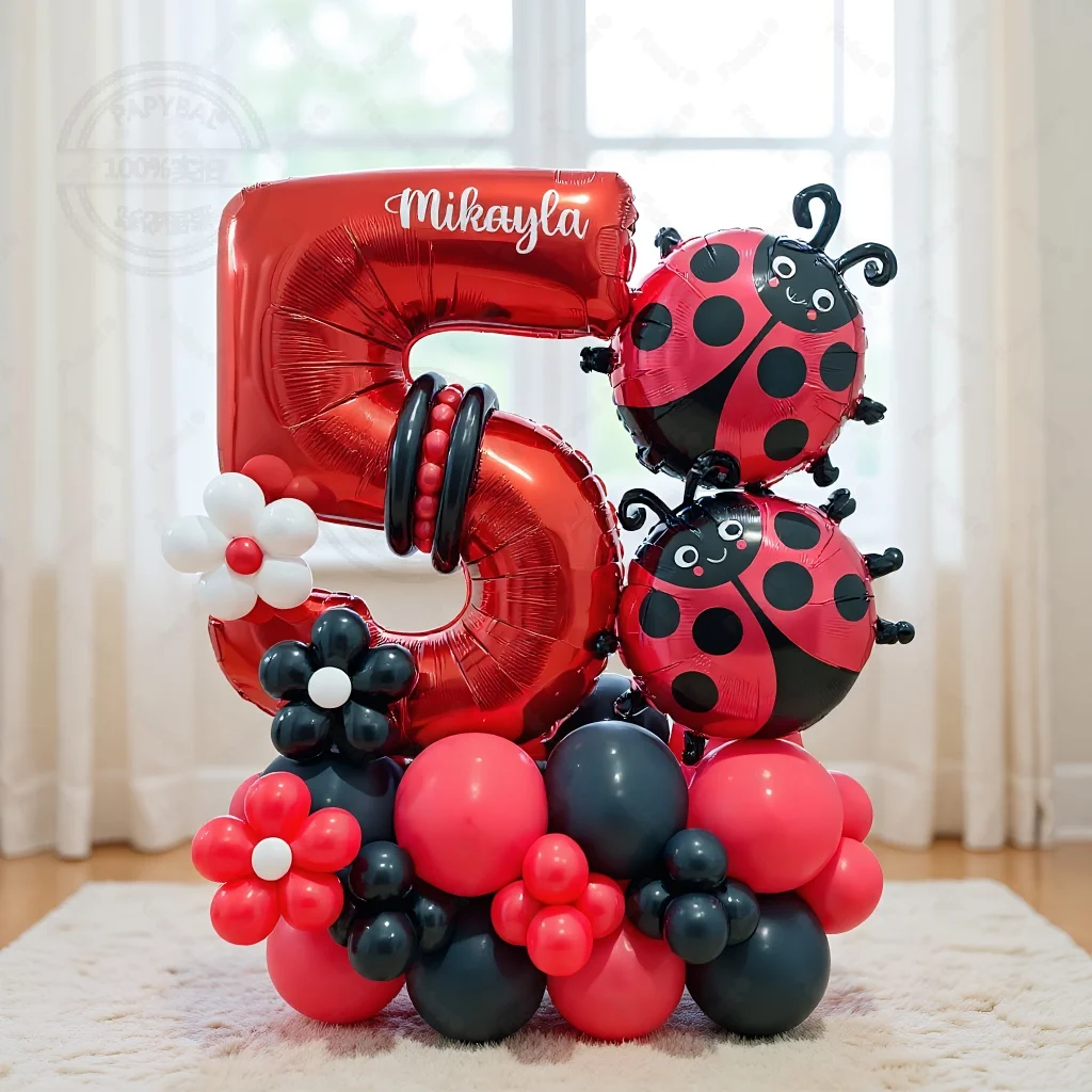 62 Stück Marienkäfer-Folienballons, Girlandenbogen-Set, rote Zahl, Folienballon, 1–9, schwarzer Punkt, alles Gute zum Geburtstag, Banner, Party-Dekorationen, Luftglobos