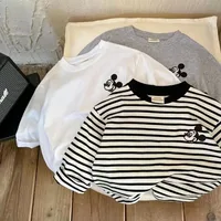 T-shirt rayé Mickye Mouse pour enfants, manches Leurs lan, manches longues, dessin animé, vêtements pour bébés garçons et filles, mode printemps, 2025 3