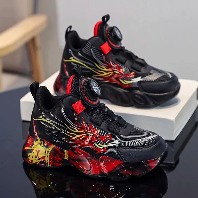 New Boys Basketball Shoes High-Top Mesh Sport Sneakers with Rotating Button, Breathable & Shock-Absorbing Running Shoes for Kids 4