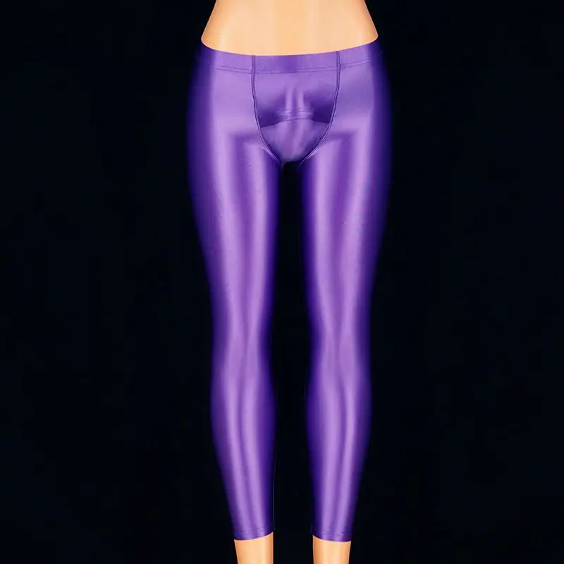 Open Crotch Glossy Leggings Men Solid Color See Through Skinny Pants Male Summer High Waist Satin Tight Leggings