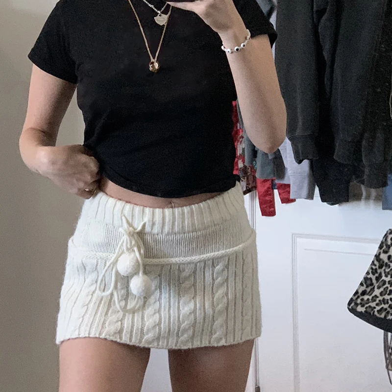 Winter Knitted Mini Skirts Y2k Lace Up Fur Cute Sweet Pencil Skirts Twist Skinny Club sexy Low Waist Short Skirts Women Autumn