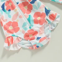 Toddler Girls Summer Swimsuit Long Sleeve Floral Print Swimwear Kids Bathing with Headband Beach Pool Swimming Suit 6