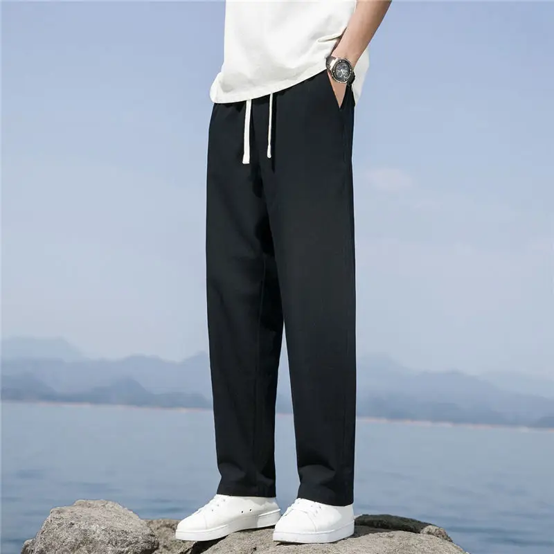 Spring Summer New Fashion Solid Color Ankle Length Pants Man Korean Style Pure Cotton Elastic Waist Pockets Straight Trousers
