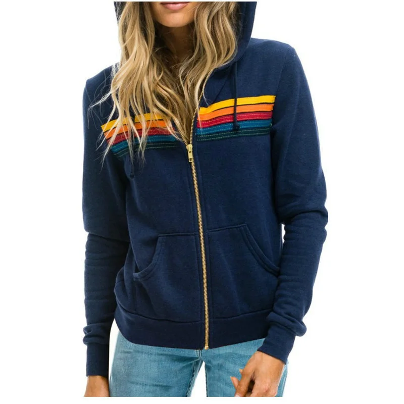 2024 AVIATOR NATION Women\'s 5 Stripe Rainbow Long Sleeve Zip-up Stitch Pullover Breathable Hoodies Sweatshirt