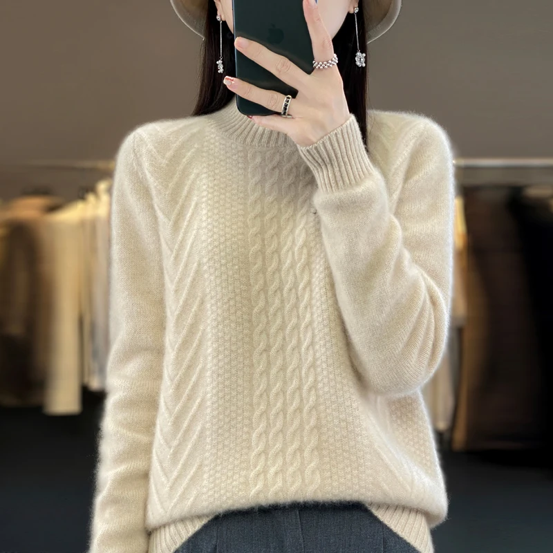 

Fall/winter semi-turtleneck sweater ladies 100% pure wool sweater solid color twisted thick warm loose pullover bottoming shirt