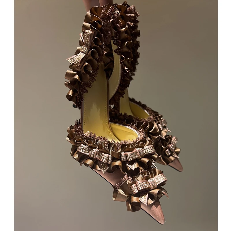 Rhinestone Bow Lace Slingback Stiletto Sandals Woman Summer Pointed Closed Toe Lolita Style High Heels Shoes for Women