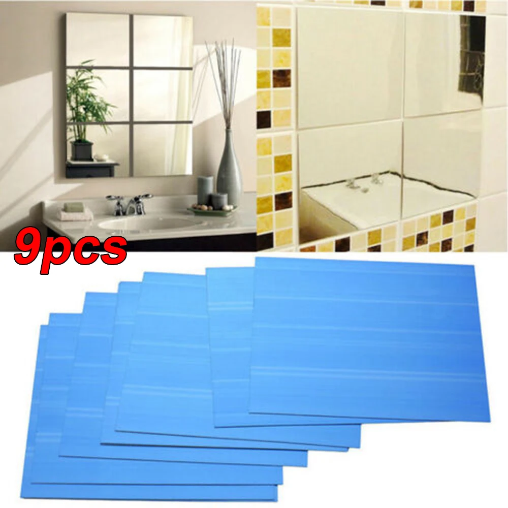 Square Mirror Tile Wall Stickers 9 Pcs Decal Home Living Room Bathroom Decoration DIY Splicing Decor Acrylic 15x15cm Silver
