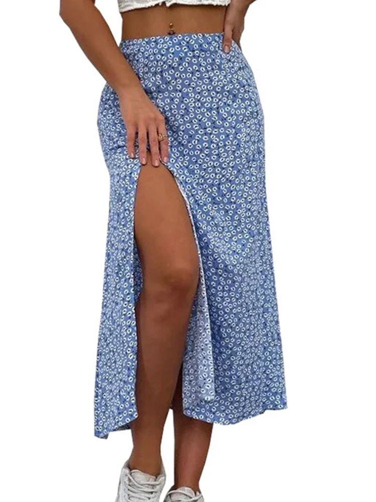 A-lijn lange elastische bodycon rok hoge split polyester vintage dames dames dames zomer print mode