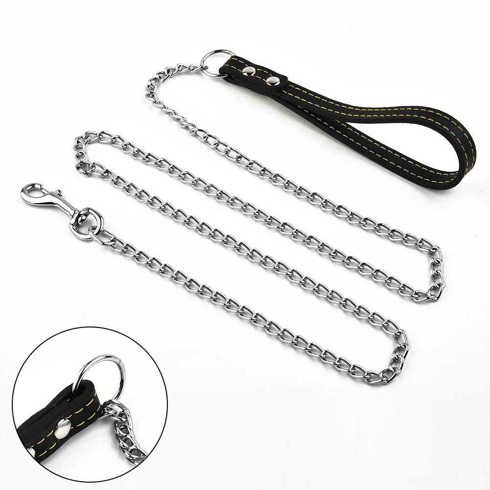 Metal Chain Dog Lead with Leather Style Handle Strong Control Leash Iron Dog Pets Supplies Collars Harnesses Chain Traction Rope