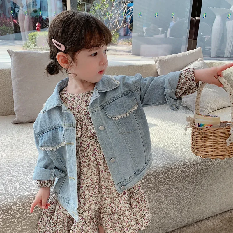 

Baby Girl Pearl Denim Jackets Spring Autumn New Long Sleeve Outerwear Kids Clothing Cute Girls Pearl Lapel Denim Coats 2-6 Year