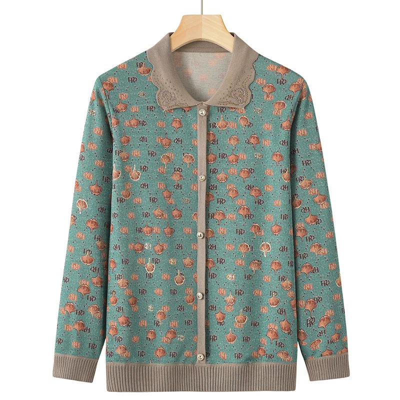 

Middle Aged Mother Cardigan New Lapel Long Sleeve Knitwears Vintage Printed Sweaters Women Bottoming Shirt Grandma Knit Jacket