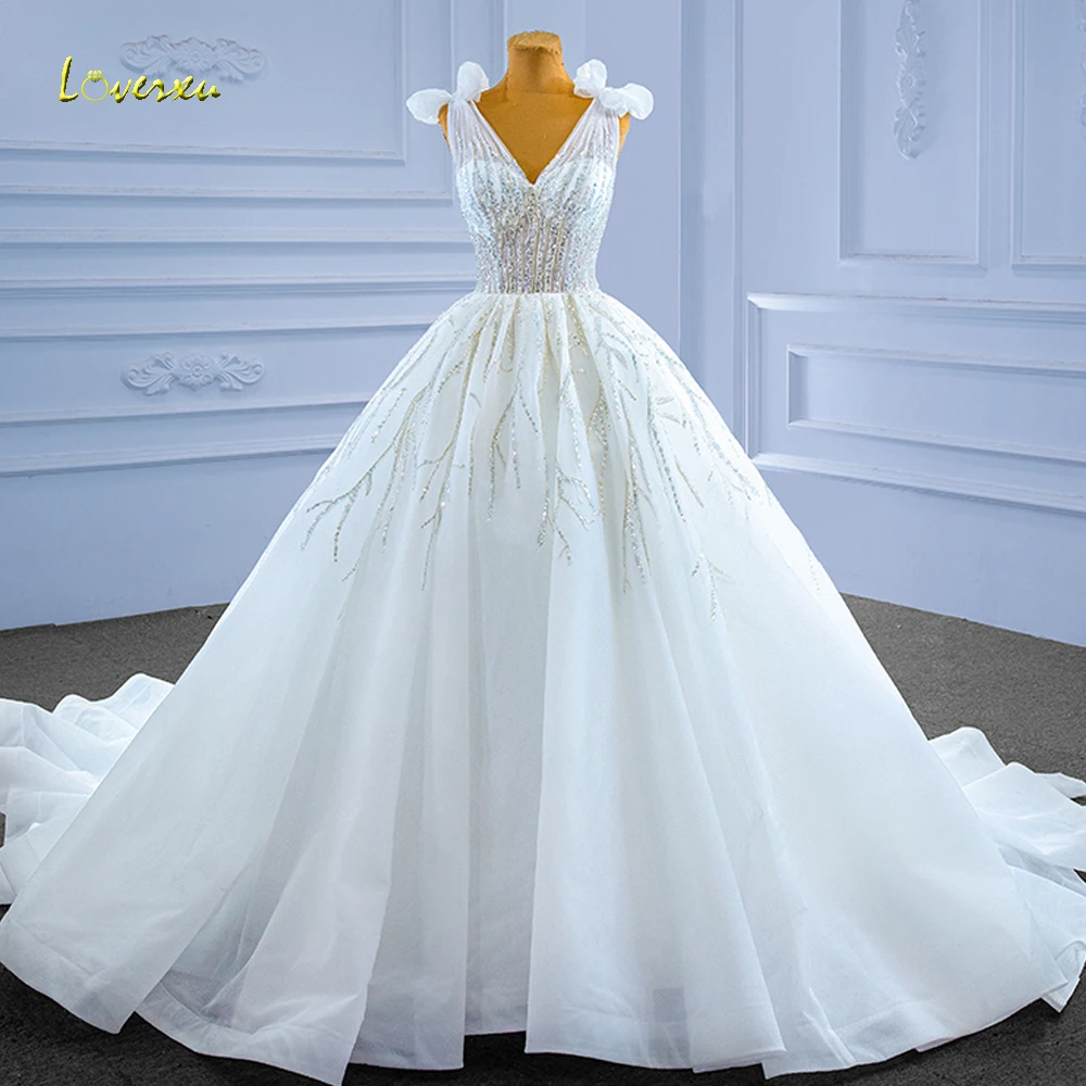 

Loverxu A-Line Classic Wedding Dresses 2023 V-Neck Sleeveless Bow Vestido De Novia Lace Sequined Glitter Ribbon Vestido De Novia