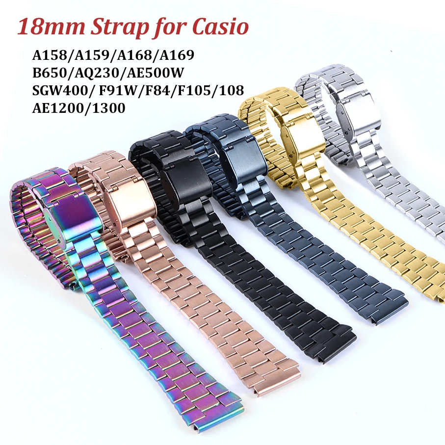 Cinturino Da 18Mm Per Casio F91W Ae1200/1300 A158/A159/A168/A169 /B650/Aq230/Ae500W Cinturino Classico In Metallo Vintage Quadrato Piccolo