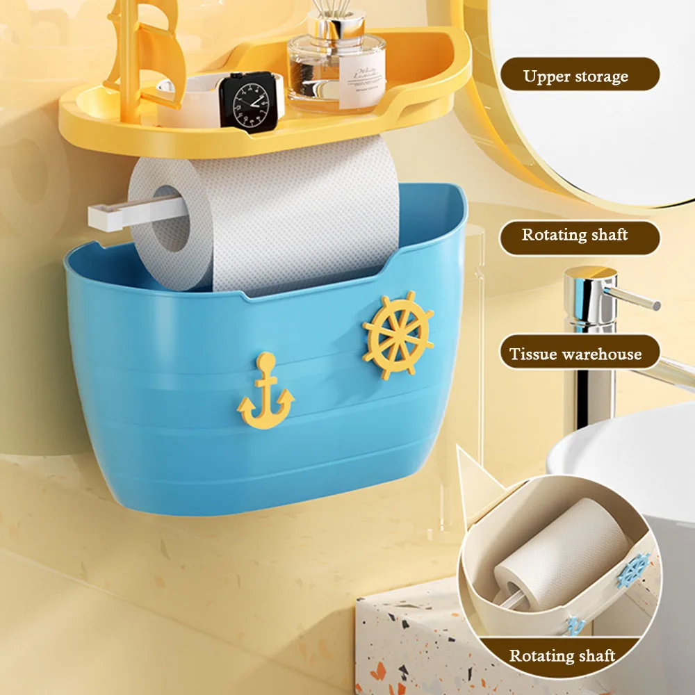 Cute Punch-Free Sailing Boat Toilet Paper Holder Box Durable Waterproof Lavatory Paper Holder For Bathroom Home decoration 3