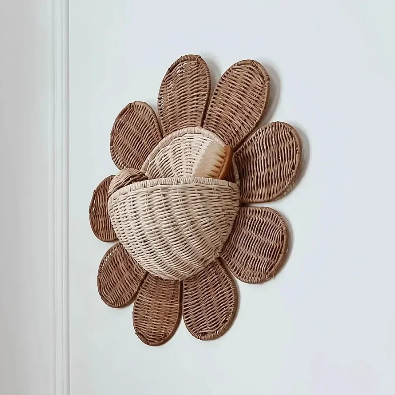 INS Sun Flower Hanging Basket Hand-woven Rattan Kids Room Decoartion Key Sundries Storage Baskets Home Wall Ornaments Props 4