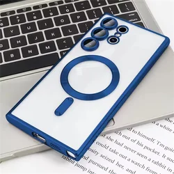 Luxury Transparent Plating Phone Case with Magsafe Wireless Charging Compatibility - Galaxy S23 Ultra (Dark Blue)