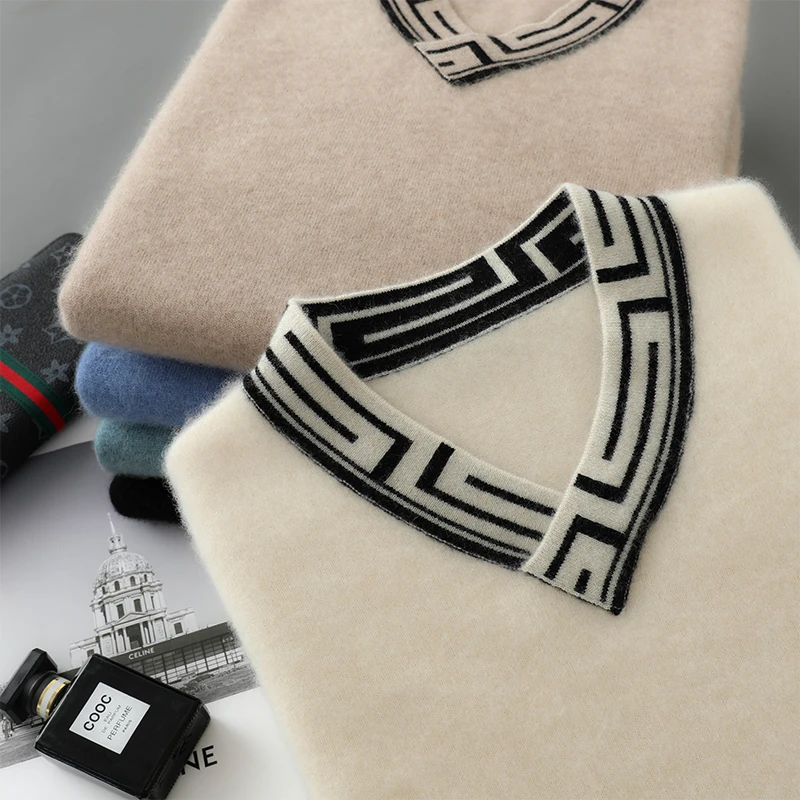 ATTYYWS Autumn and Winter Knitted Casual Color blocked Men's V-neck Sweater Business Full Sleeve New 100% Wool Men's pullover 6