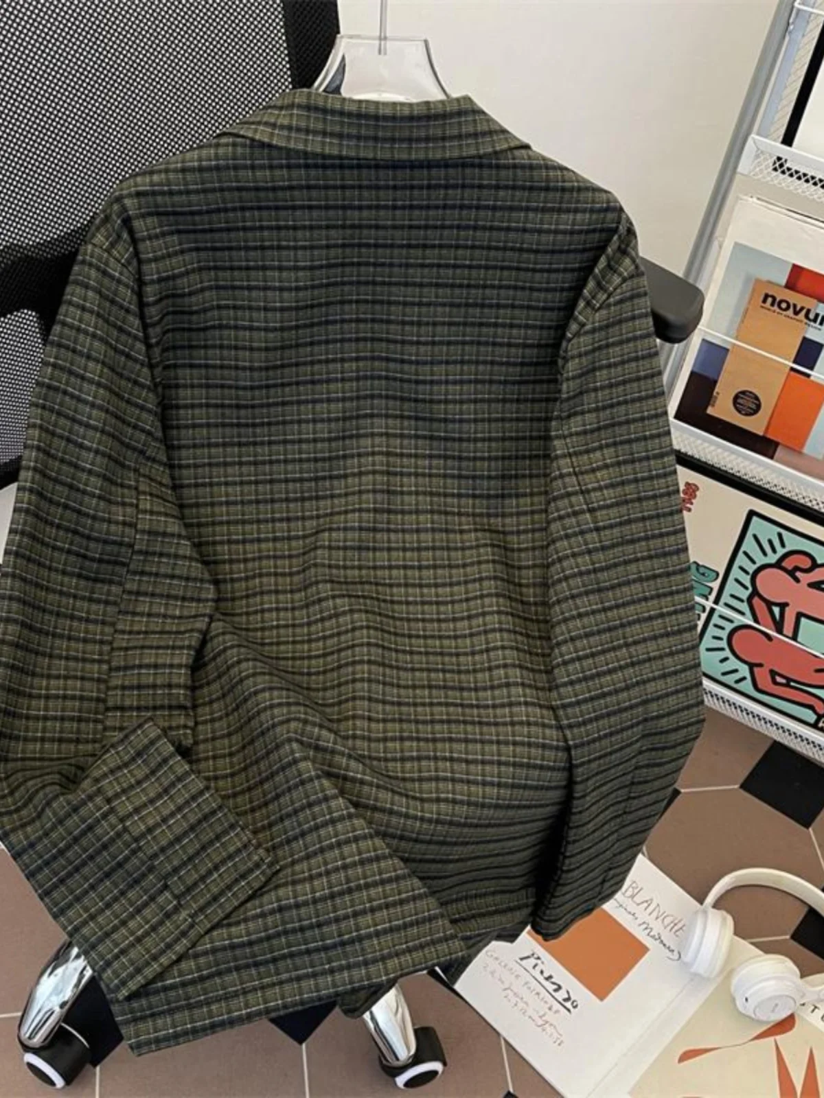 Retro Hong Kong Sle Men's Casual Loose Fit Plaid Suit Jaet Spring Autumn Seasonal Polyester Fiber Youth Faion